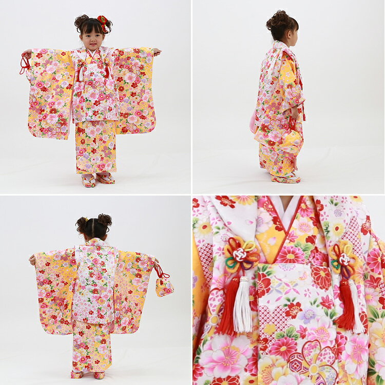 黄色地にねじり梅と牡丹 被布セット 着物 11点 フルセット レンタル かわいい 3歳 女の子 子供 草履バッグ 髪飾り 着付け小物 総柄 和柄 古典柄 梅 牡丹 桜 鹿の子 黄色/白 【レンタル】