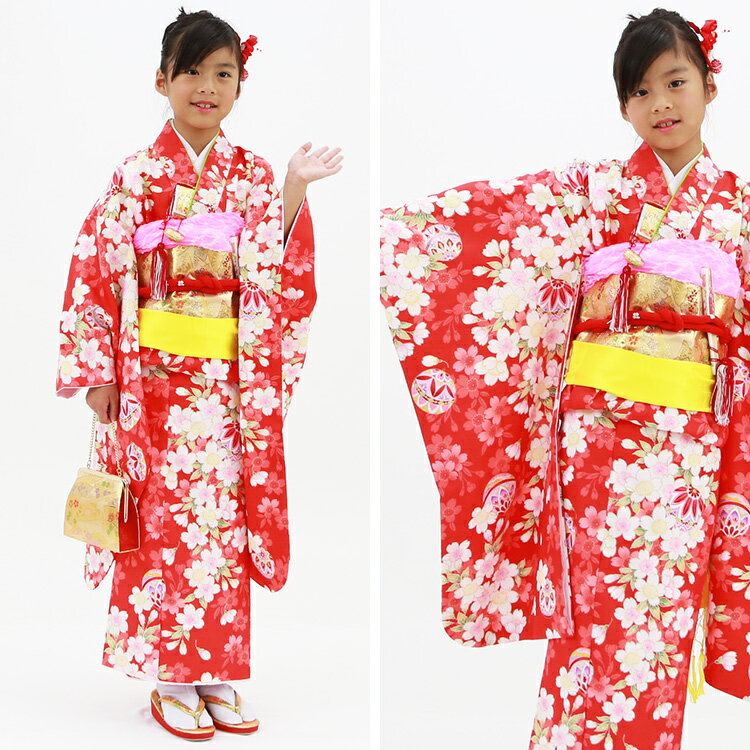 赤地に鞠と桜 結び帯セット 着物 18点 フルセット レンタル レトロ かわいい 7歳 女の子 子供 結び帯 箱せこ 草履バッグ 髪飾り 着付け小物 総柄 和柄 花柄 鞠 桜 赤/白/金 【レンタル】