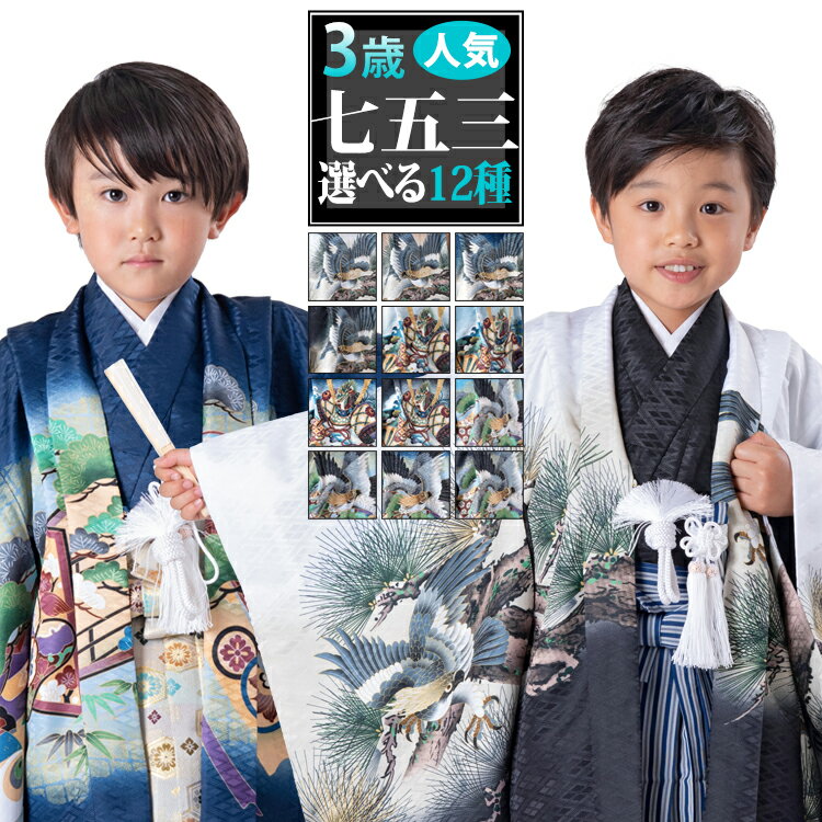 【七五三特集● 選べる12柄】七五三 着物 3歳 羽織袴セット 男の子 10点フルセット 着付けマニュアル付き 絵羽柄 和柄 古典柄 正統派 黒/青/白/紺/水色 HAO3-v