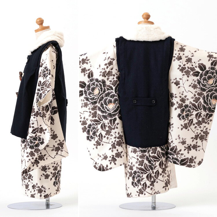七五三 着物 3歳 被布セット 男の子5点フルセット 着付けマニュアル付き 生成り地にぼかし牡丹 総柄 洋柄 花柄 黒/紺/白 HAO3 3