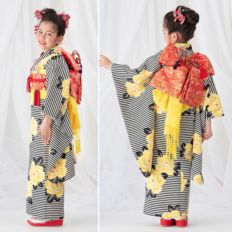 【レンタル】七五三 着物 7歳 四つ身セット(結び帯セット) 女の子 18点フルセット 着付けマニュアル付き 黒縞にバラ 総柄 洋柄 花柄 黒/黄色/赤 A7AP7 3