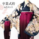 卒業式(高校/大学) 袴セット 6点フルセット 二尺袖(紺地に鹿の子雲と御所車)+ぼかし刺繍袴(捻じり菊と桜柄):えんじ 選べる5サイズ SS/S/M/L/LL...