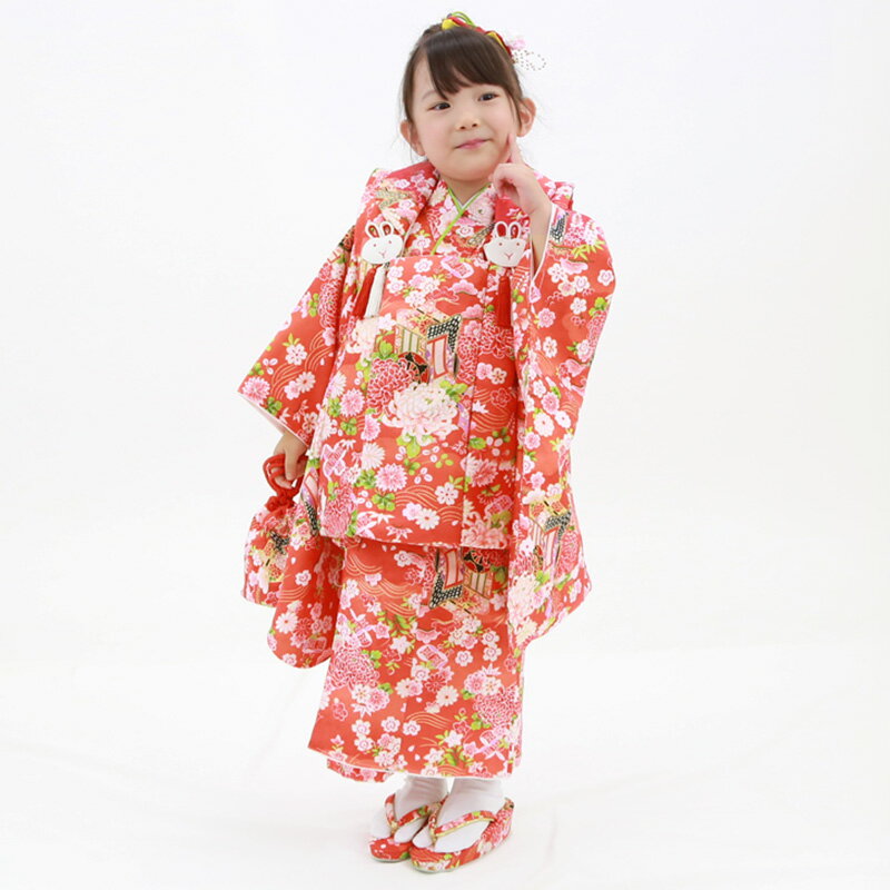 【レンタル】七五三 着物 3歳 被布セット 女の子 11点フルセット 着付けマニュアル付き 朱色地に御所車と菊 総柄 和柄 古典柄 A7AP3