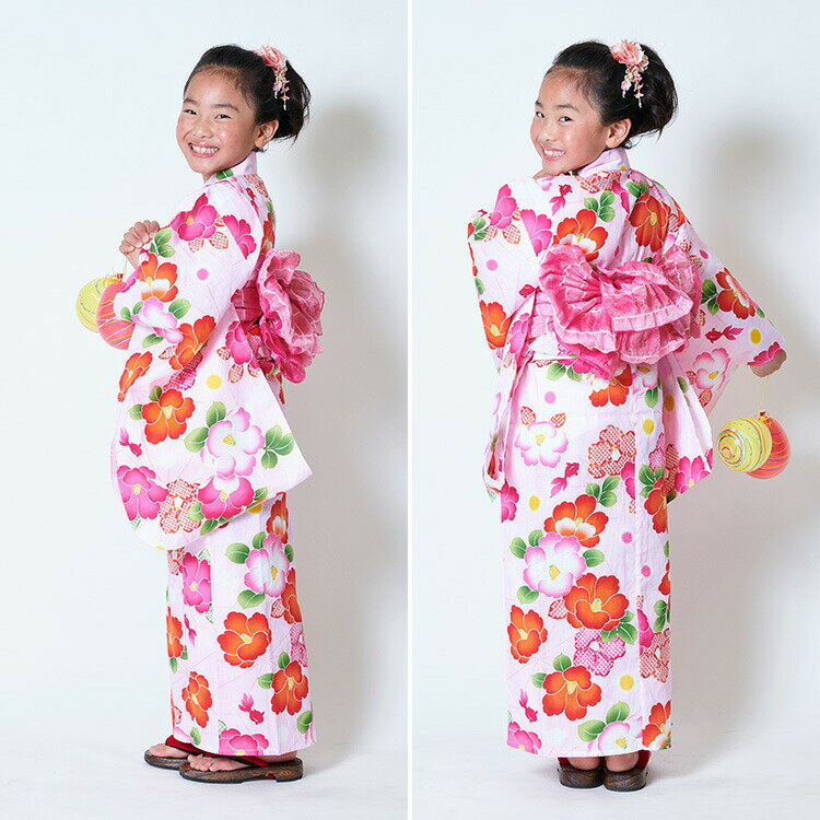 子供用浴衣 2点セット 女の子 100/110/120/130/140 [浴衣+兵児帯] ピンク地に椿と...