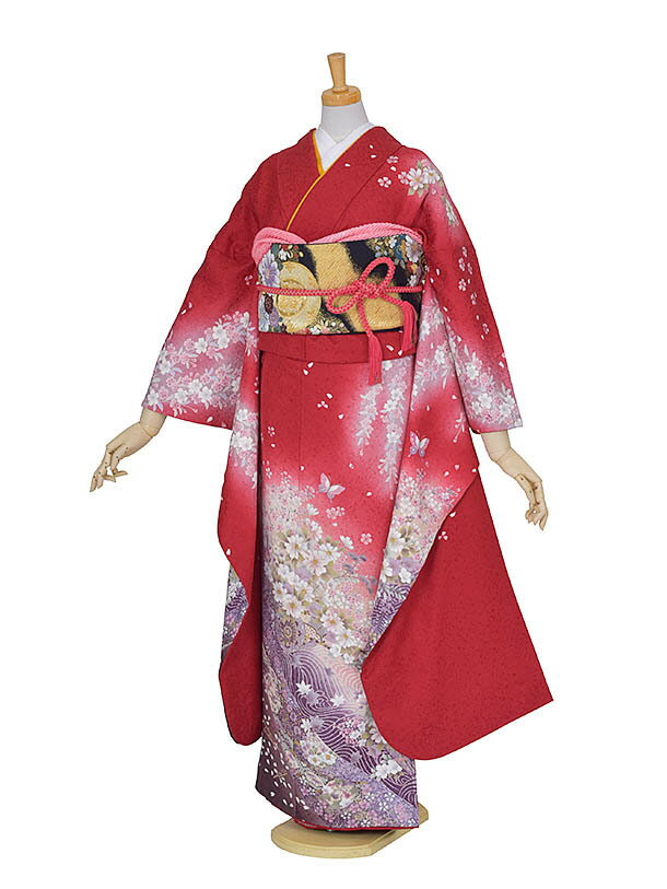 【レンタル】振袖 正絹 成人式 結婚式 結納 およばれ 姉妹結婚式 振袖 古典着物 豪華振袖 2次会 式典 レンタル振袖 フルセット 足袋プレゼント 送料無料 赤裾紫桜