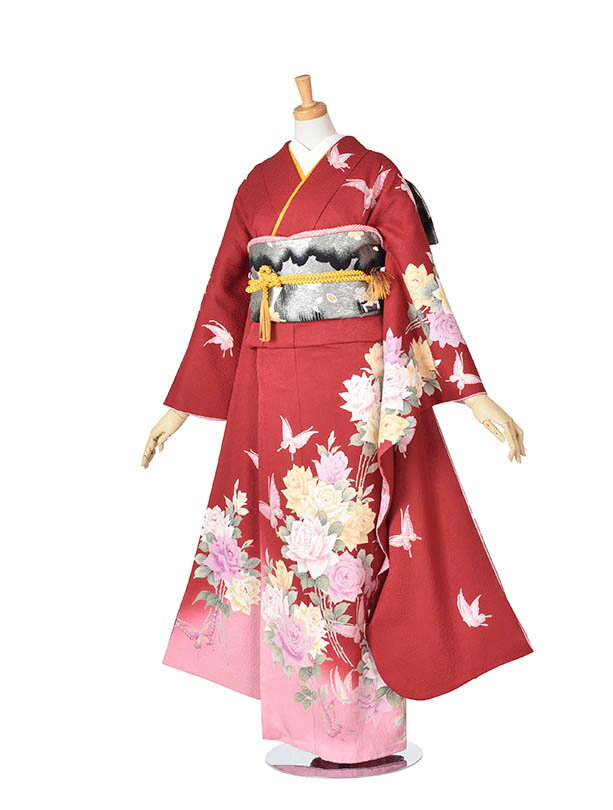 【レンタル】振袖 レンタル 正絹 成人式 結婚式 結納 およばれ 姉妹結婚式 振袖 豪華振袖 2次会 式典 レンタル振袖 フルセット 足袋プレゼント 送料無料 赤 個性的 蝶 薔薇