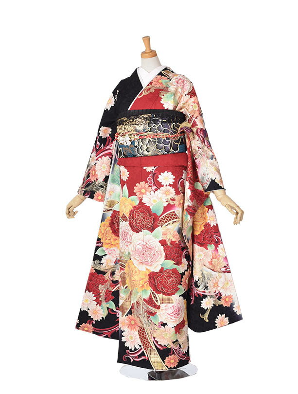 【レンタル】振袖 レンタル 正絹 成人式 結婚式 結納 およばれ 姉妹結婚式 振袖 豪華振袖 2次会 式典 レンタル振袖 フルセット 足袋プレゼント 送料無料 赤 牡丹 黒