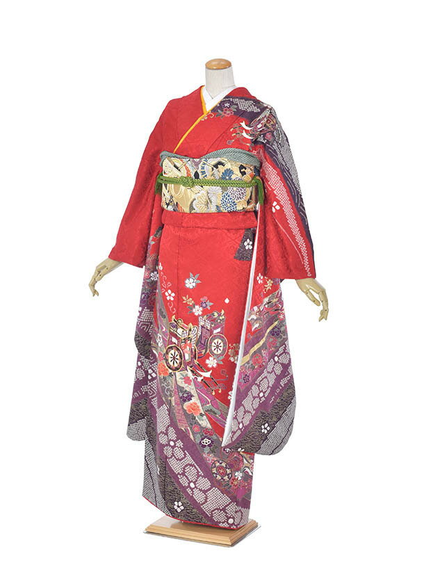 【レンタル】振袖 正絹 成人式 結婚式 結納 およばれ 姉妹結婚式 絞り振袖 古典着物 豪華振袖 2次会 式典 レンタル振袖 フルセット 足袋プレゼント 送料無料 赤絞り御所車 豪華振袖