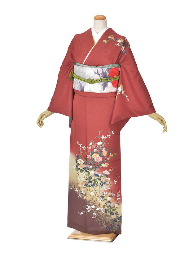 Rakuten - 【レンタル】訪問着 レンタル 着物 母 母着物 フルセット 着物 フルセットレンタル 七五三 お宮まり お正月 貸衣装 着物レンタル 附下 結婚式 入学式 卒業式  卒園式 式典着物 ママ着物 お茶会 着物セット 往復送料無料 新品足袋プレゼント 150cm~160cm エンジ花刺繍
