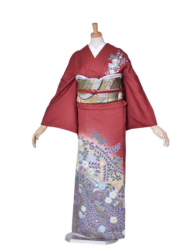 Rakuten - 【レンタル】訪問着 NEO訪問着 レンタル フルセット 赤 華やか 七五三ママ 結婚式 入学式 卒業式 およばれ 式典着物 正絹 ママ着物 お茶会 正絹着物 160cm～170cm 花の彩りが広がる華やぎの訪問着 新品足袋プレゼント 往復送料無料 貸衣装 着物レンタル