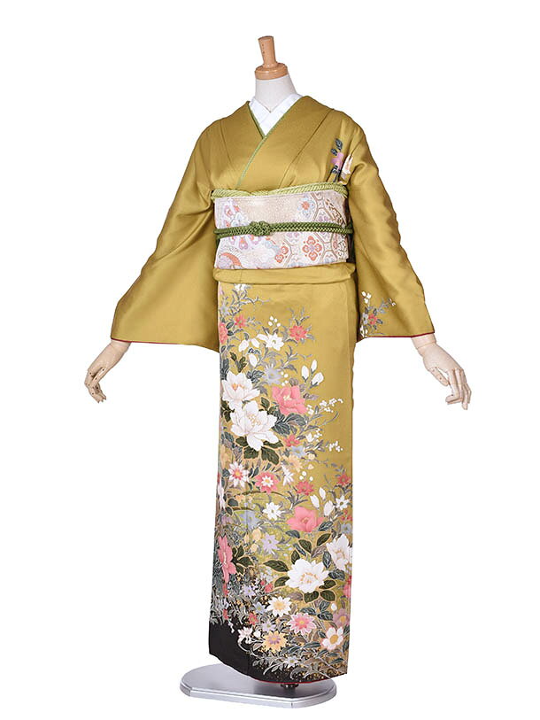 Rakuten - 【レンタル】訪問着 NEO訪問着 レンタル フルセットからし 華やか 七五三ママ 結婚式 入学式 卒業式 およばれ 式典着物 正絹 ママ着物 お茶会 正絹着物 155cm～165cm 咲き誇る花が目をひく華やかな訪問着 貸衣装 着物レンタル 新品足袋プレゼント 往復送料無料