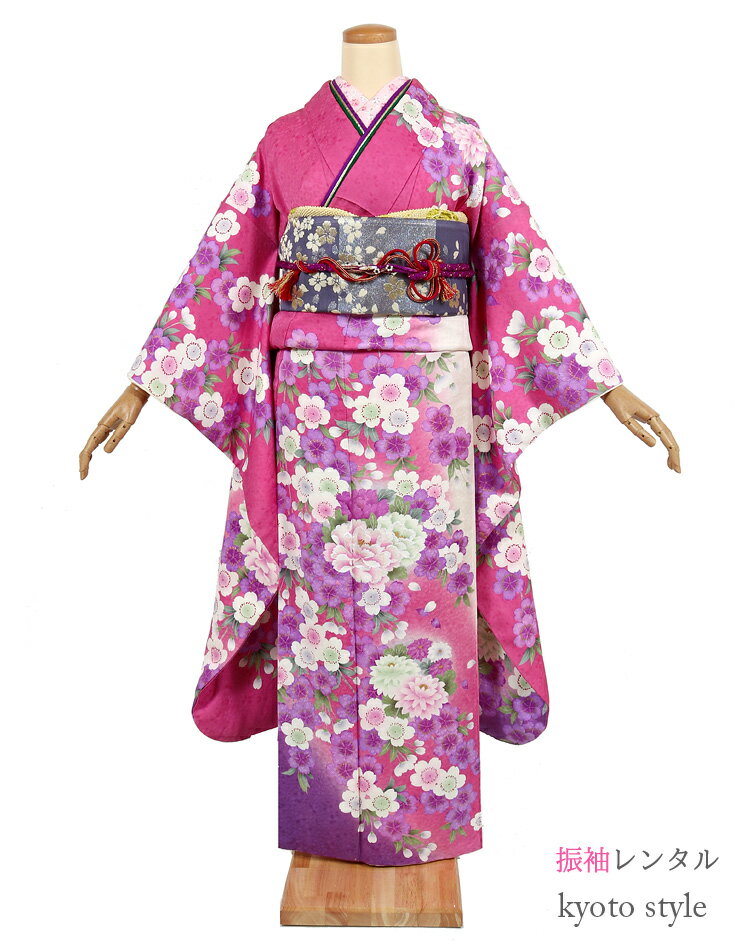 【レンタル振袖18点セット】 必要なものが全て揃った豪華18点振袖セットです。 届いてすぐに着用可能です。 通常は3泊4日のレンタルですが成人式期間中はご利用日の10日前に発送、利用日から10日以内の返却で大丈夫なのであわてることなくゆっくりレンタルできます。 ■セット内容 振袖・帯・長襦袢・帯揚・帯〆・伊達衿・草履・バッグ・衿芯・肌襦袢・足袋・腰紐・前板・伊達締め・帯枕・着付けベルト・ウエストベルト・マジックベルト ※足袋は新品をプレゼント※画像で使用している小物（帯揚げ、帯締め、重ね衿、半衿）は一例です。 まったく同じものでのご用意は出来かねます。予めご了承下さいませ。 ■振袖素材 表地：絹100% 裏地：合成繊維 ■サイズ 身丈152cm 裄65cm 袖丈104cm 袖幅33.2cm 前幅23.8cm 後幅30.2cm ヒップ97cm位まで 特徴・・・小さいサイズ 身長・・・147cm〜152cm 洋服サイズ・・・9号から13号位まで ■ご利用期間 成人式期間中……最長20日間 2月〜12月の通常レンタル……3泊4日 レンタル利用日が12月20日〜1月20日までの間は税込8400円アップとなります。 (この期間内はショールの貸し出しが無料)※画像はイメージです。 帯、小物等は着物に合わせてコーディネートさせていただきます。 商品詳細 セット内容 振袖・帯・長襦袢・帯揚・帯〆・伊達衿・草履・バッグ・衿芯・肌襦袢・足袋・腰紐・前板・伊達締め・帯枕・着付けベルト・ウエストベルト・マジックベルト （成人式期間中のレンタルはショールを無料で貸し出し） ※足袋は新品をプレゼント 素材 振袖　表地：絹100％　裏地：合成繊維 サイズ 身丈152cm 裄65cm 袖丈104cm 袖幅33.2cm 前幅23.8cm 後幅30.2cm→サイズガイドを見る 適応身長 147cm〜152cm 洋服サイズ 9号から13号位まで 特徴 小さいサイズ 注意事項 →レンタルの流れ及び規約について