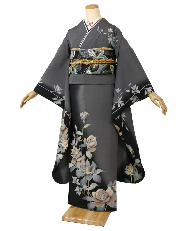 【レンタル】振袖レンタル 成人式 フルセット [細身] 貸衣装 貸衣裳 成人式 結婚式 卒業式 結納 パーティー レンタル 振袖 着物 レンタル グレー 薔薇 バラ モード クラシカル シンプル 個性的 大人っぽい 正絹 振り袖 【往復送料無料】72065