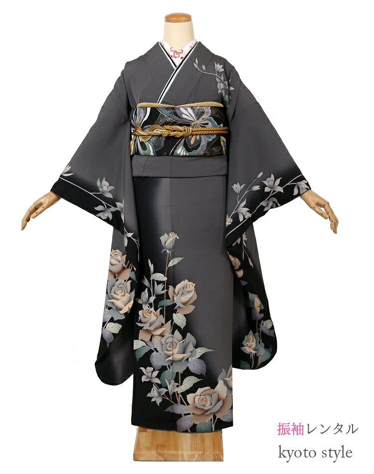 樂天商城 - 【レンタル】振袖レンタル 成人式 フルセット [細身] 貸衣装 貸衣裳 成人式 結婚式 卒業式 結納 パーティー レンタル 振袖 着物 レンタル グレー 薔薇 バラ モード クラシカル シンプル 個性的 大人っぽい 正絹 振り袖 【往復送料無料】72065