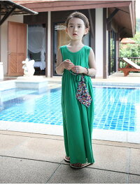 親子ペアワンピース子供服ノースリーブワンピースマキシ丈無地ワンピース女の子親子服キッズ夏海ナチュラルビーチワンピースリゾートハワイ