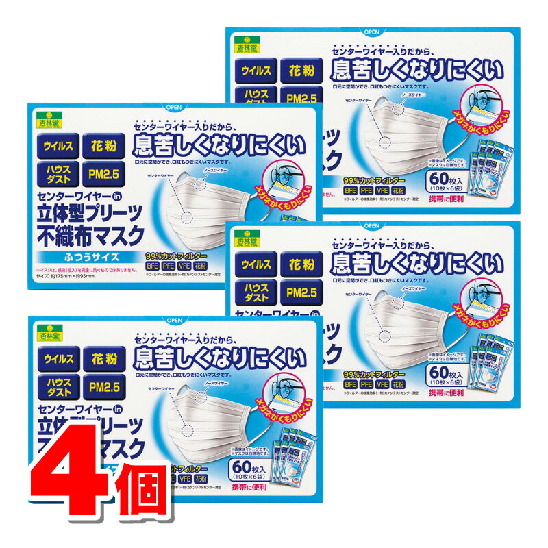 センターワイヤーin立体型プリーツ不織布マスク ふつうサイズ 60枚(10枚×6袋) ×4個 ●