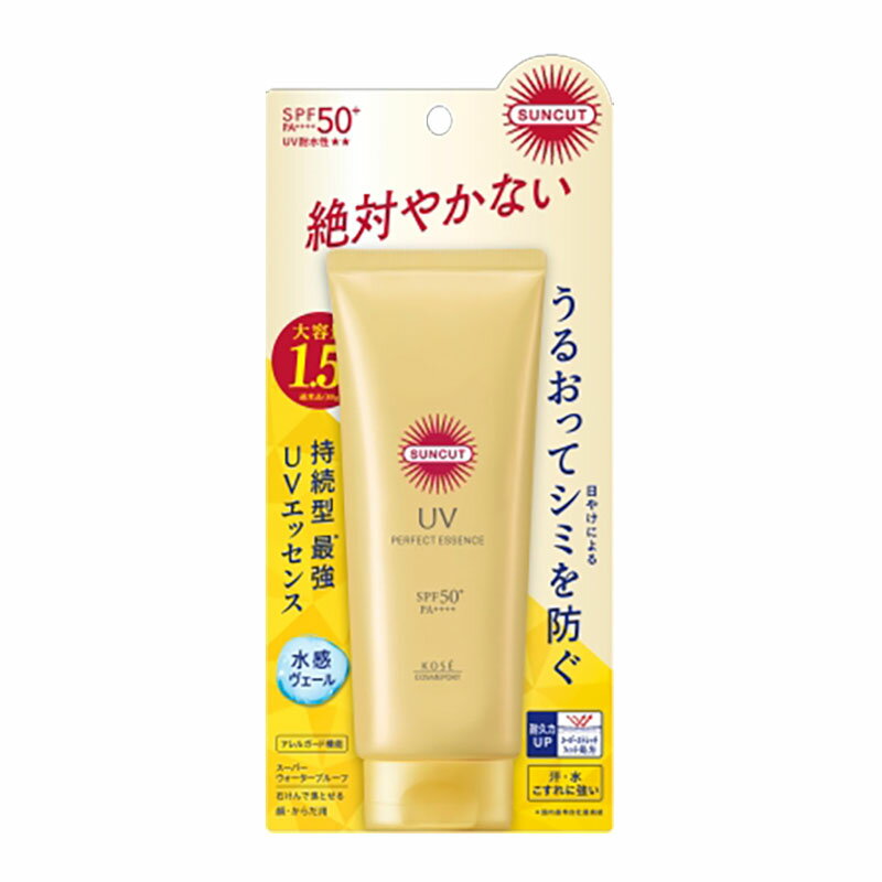 名　称サンカットR パーフェクトUV エッセンス ＜120g＞内容量120g成分（栄養成分）水・エタノール・メトキシケイヒ酸エチルヘキシル・安息香酸アルキル（C12−15）・ジ（カプリル酸／カプリン酸）PG・エチルヘキシルトリアゾン・ビスエチルヘキシルオキシフェノールメトキシフェニルトリアジン・ジエチルアミノヒドロキシベンゾイル安息香酸ヘキシル・イソドデカン・DPG・カミツレ花エキス・セージ葉エキス・ヒアルロン酸Na・ホホバ種子油・加水分解コラーゲン・BG・BHT・PEG−10水添ヒマシ油・TEA・（アクリレーツ／アクリル酸アルキル（C10−30））クロスポリマー・（アクリレーツ／メタクリル酸ベヘネス−25）コポリマー・（ジメチコン／フェニルビニルジメチコン）クロスポリマー・カルボマー・キサンタンガム・シリカ・ジフェニルシロキシフェニルトリメチコン・ジメチコン・ジラウロイルグルタミン酸リシンNa・ステアリン酸イヌリン・ステアリン酸ポリグリセリル−10・トリメチルシロキシケイ酸・ポリシリコーン−15・ラウロイルグルタミン酸Na・ラウロイルリシン・フェノキシエタノール使用方法◯充分な量を肌にムラなくなじませます。◯使用量が少ないと、充分な日やけ止め効果が得られません。ぬれた肌にお使いになる場合は、軽く水気をきって使用し、肌をタオルでふいたあとなども、こまめに塗りなおしてください。※落とすときは、洗浄料などでていねいに洗ってください。ご注意◆本品記載の使用法・使用上の注意をよくお読みの上ご使用下さい。商品区分化粧品、日焼け止め製造国（原産国）日本販売元（製造元）コーセーコスメポート株式会社平日9：00-17：00　※祝・祭日を除くフリーコール　0800-222-2202広告文責株式会社 杏林堂薬局電話番号：053-488-7511※リニューアルに伴いパッケージ・内容等予告なく変更する場合がございます。予めご了承ください。