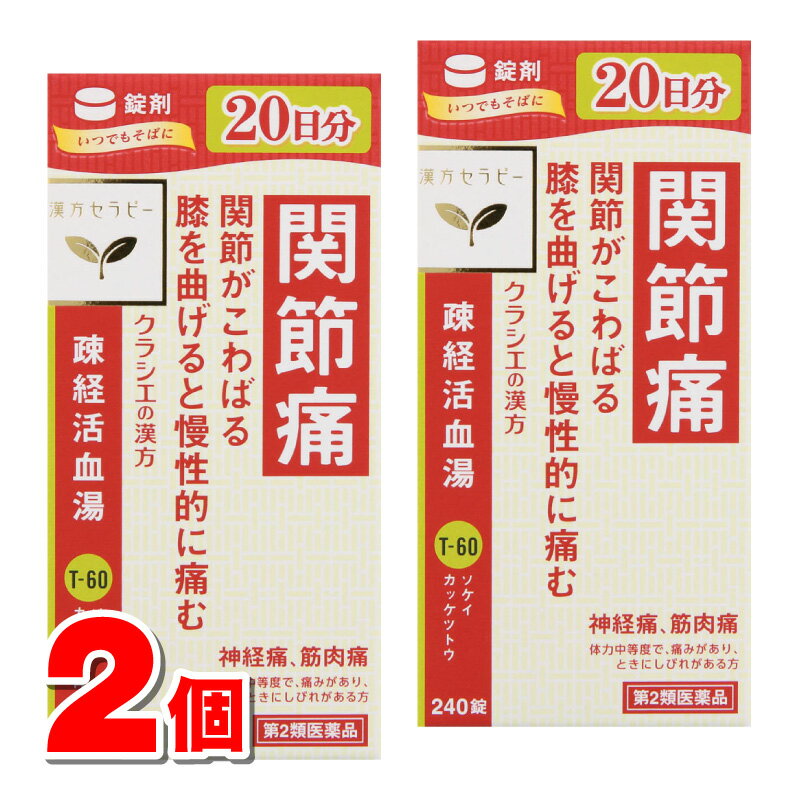 名　称疎経活血湯エキス錠クラシエ内容量240錠　×2個特　徴○「疎経活血湯」は、漢方の古典といわれる中国の医書「万病回春」に収載されている薬方です。○腰痛、筋肉痛などに効果があります。使用上の注意■相談すること1．次の人は服用前に医師、薬剤師又は登録販売者に相談してください　（1）医師の治療を受けている人　（2）妊婦又は妊娠していると思われる人　（3）胃腸が弱く下痢しやすい人　（4）今までに薬などにより発疹・発赤、かゆみ等を起こしたことがある人2．服用後、次の症状があらわれた場合は副作用の可能性があるので、直ちに服用を中止し、この文書を持って医師、薬剤師又は登録販売者に相談してください［関係部位：症状］皮膚：発疹・発赤、かゆみ消化器：食欲不振、胃部不快感3．1ヵ月位服用しても症状がよくならない場合は服用を中止し、この文書を持って医師、薬剤師又は登録販売者に相談してください効能・効果体力中等度で、痛みがあり、ときにしびれがあるものの次の諸症：関節痛、神経痛、腰痛、筋肉痛用法・用量次の量を1日3回食前又は食間に水又は白湯にて服用。［年齢：1回量：1日服用回数］成人（15才以上）：4錠：3回15才未満7才以上：3錠：3回7才未満5才以上：2錠：3回5才未満：服用しないこと用法関連注意小児に服用させる場合には、保護者の指導監督のもとに服用させてください。成分・分量12錠(4236mg)中成分・・・分量・・・内訳疎経活血湯エキス粉末・・・3000mg・・・（ジオウ・トウキ・トウニン・センキュウ・ブクリョウ・ビャクジュツ各1g、ゴシツ・リュウタン・チンピ・キョウカツ・イレイセン・ボウイ・ボウフウ各0.75g、ビャクシ・カンゾウ各0.5g、シャクヤク1.25g、ショウキョウ0.25g）添加物タルク、ステアリン酸マグネシウム、カルメロースカルシウム(CMC-Ca)、カルメロースナトリウム(CMC-Na)、二酸化ケイ素、ポリオキシエチレンポリオキシプロピレングリコール、ヒプロメロース(ヒドロキシプロピルメチルセルロース)保管及び取扱い上の注意（1）直射日光の当たらない湿気の少ない涼しい所に保管してください。　（ビン包装の場合は、密栓して保管してください。なお、ビンの中の詰物は、輸送中に錠剤が破損するのを防ぐためのものです。開栓後は不要となりますのですててください。）（2）小児の手の届かない所に保管してください。（3）他の容器に入れ替えないでください。　（誤用の原因になったり品質が変わります。）（4）使用期限のすぎた商品は服用しないでください。（5）水分が錠剤につきますと、変色または色むらを生じることがありますので、誤って水滴を落したり、ぬれた手で触れないでください。（6）4錠分包の場合、1包を分割した残りを服用する時は、袋の口を折り返して保管してくだい。なお、2日をすぎた場合には服用しないでください。消費者相談窓口会社名：クラシエ薬品株式会社問い合わせ先：お客様相談窓口電話：（03）5446-3334受付時間：10：00〜17：00（土、日、祝日を除く）製造国（原産国）日本製剤形・タイプ錠剤リスク区分第2類医薬品販売元（製造元）大峰堂薬品工業（株）〒635-0051　奈良県大和高田市根成柿574広告文責株式会社 杏林堂薬局電話番号：053-488-7511医薬品販売に関する記載事項（必須記載事項）はこちら※リニューアルに伴いパッケージ・内容等予告なく変更する場合がございます。予めご了承ください。 【医薬品注意事項】 内容をよく読み、ご確認の上、注文手続きをお願い致します。下記に該当する方は、お問い合わせにご入力ください。 ● 使用者は、医師の診断を受けていたり、病気の診断を受けている。 ● 使用者は、病院でもらったお薬や薬局で購入したお薬・サプリメントなどを使用している。 ● 使用者は、乳児、幼児または小児である。 ● 使用者は、現在妊娠中、もしくは授乳中である。 ● 使用者は、これまで、薬や食品でアレルギーを起こしたことがある。