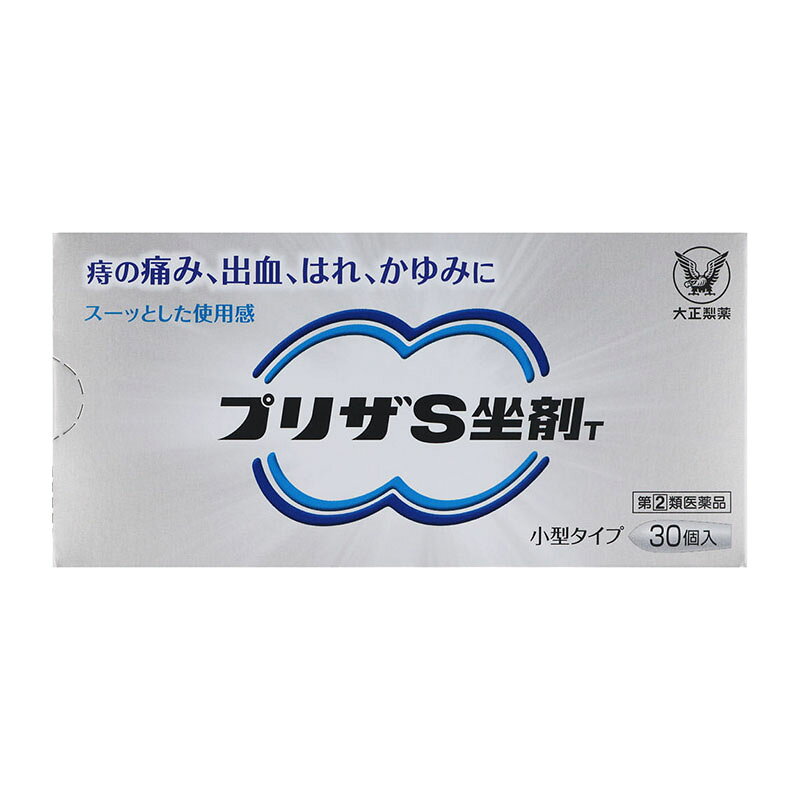 名　称プリザS坐剤T内容量30個特　徴◆プリザS坐剤Tは、炎症をおさえるヒドロコルチゾン酢酸エステルなど、痔の治療に効果的な成分が配合されています。これらの成分が作用し、痔の症状である痛み・出血・はれ・かゆみを緩和します。◆坐剤を小型化することで、より使いやすくなりました。使用上の注意■してはいけないこと（守らないと現在の症状が悪化したり、副作用が起こりやすくなります）1．次の人は使用しないでください　（1）本剤又は本剤の成分によりアレルギー症状を起こしたことがある人。　（2）患部が化膿している人。2．長期連用しないでください■相談すること1．次の人は使用前に医師、薬剤師又は登録販売者に相談してください　（1）医師の治療を受けている人。　（2）妊婦又は妊娠していると思われる人。　（3）薬などによりアレルギー症状を起こしたことがある人。2．使用後、次の症状があらわれた場合は副作用の可能性があるので、直ちに使用を中止し、この説明書を持って医師、薬剤師又は登録販売者に相談してください［関係部位：症状］皮膚：発疹・発赤、かゆみ、はれその他：刺激感、化膿　まれに下記の重篤な症状が起こることがあります。　その場合は直ちに医師の診療を受けてください。［症状の名称：症状］ショック（アナフィラキシー）：使用後すぐに、皮膚のかゆみ、じんましん、声のかすれ、くしゃみ、のどのかゆみ、息苦しさ、動悸、意識の混濁等があらわれる。3．10日間位使用しても症状がよくならない場合は使用を中止し、この説明書を持って医師、薬剤師又は登録販売者に相談してください効能・効果きれ痔（さけ痔）・いぼ痔の痛み・出血・はれ・かゆみの緩和用法・用量次の量を肛門内に挿入してください。［年令：1回量：使用回数］成人（15才以上）：1個：1日1〜3回15才未満：使用しないこと用法関連注意（1）定められた用法・用量を厳守してください。（2）本剤が軟らかい場合には、しばらく冷やした後に使用してください。また、寒い時期や低温での保管により坐剤表面が硬くなりすぎた場合は、手（指）であたため表面をなめらかにしてからご使用してください。（3）肛門にのみ使用してください。成分・分量1個(1.00g)中成分・・・分量ヒドロコルチゾン酢酸エステル・・・5mgリドカイン・・・50mgl-メントール・・・9mgアラントイン・・・10mg酢酸トコフェロール・・・50mg添加物カルボキシビニルポリマー、無水ケイ酸、ハードファット保管及び取扱い上の注意（1）直射日光の当たらない湿気の少ない30℃以下の涼しい所に保管してください。（2）小児の手の届かない所に保管してください。（3）保管する場合は、坐剤の先を下に向けて袋に入れてから外箱に入れ、外箱のマークに従って立てて保管してください。（4）他の容器に入れ替えないでください。　（誤用の原因になったり品質が変わることがあります）（5）使用期限を過ぎた製品は使用しないでください。なお、使用期限内であっても開封後はなるべくはやく使用してください。　（品質保持のため）消費者相談窓口会社名：大正製薬株式会社問い合わせ先：お客様119番室電話：03-3985-1800受付時間：8：30〜21：00（土、日、祝日を除く）製造国（原産国）日本剤形・タイプ坐剤リスク区分指定第2類医薬品販売元（製造元）会社名：大正製薬株式会社住所：東京都豊島区高田3丁目24番1号広告文責株式会社 杏林堂薬局電話番号：053-488-7511医薬品販売に関する記載事項（必須記載事項）はこちら※リニューアルに伴いパッケージ・内容等予告なく変更する場合がございます。予めご了承ください。 【医薬品注意事項】 内容をよく読み、ご確認の上、注文手続きをお願い致します。下記に該当する方は、お問い合わせにご入力ください。 ● 使用者は、医師の診断を受けていたり、病気の診断を受けている。 ● 使用者は、病院でもらったお薬や薬局で購入したお薬・サプリメントなどを使用している。 ● 使用者は、乳児、幼児または小児である。 ● 使用者は、現在妊娠中、もしくは授乳中である。 ● 使用者は、これまで、薬や食品でアレルギーを起こしたことがある。