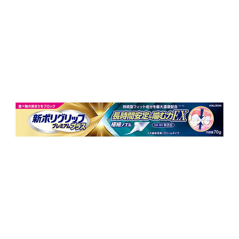 名　称新ポリグリップSt内容量70g成分（栄養成分）ナトリウム／カルシウム・メトキシエチレン無水マレイン酸共重合体塩、カルボキシメチルセルロース、軽質流動パラフィン、白色ワセリン医療機器承認番号306ABBZX00004000使用方法使用方法1. 入れ歯をよく洗い水分を完全にとり、製品を端の方につけないようにして、1日1回塗布してください。　※使用回数が1日2回以上となる場合は入れ歯が合っていない可能性があるため歯科医師に相談してください。　※塗布量が多すぎると、はみ出したり流れ出て口の中が粘つくことがあります。初めは、少なめの量からお使いください。　※塗布量は入れ歯の大きさや形、また、適合状態（入れ歯と歯ぐきのすき問の程度等）により違いますので使用経験により適量をお決めください。2. 入れ歯をはめ込む前に、口内を水ですすいでください。3. 入れ歯を口にはめ込み、1分間ほど軽く押さえてください。製品がのびて入れ歯と歯ぐきを接着し、すき間を密封すれば完了です。　※安定剤の粘着力は時間をかけて強くなっていきます。　※水分で徐々に溶ける性質のある糊状の安定剤ですので、 持続時間は、製品の塗布量、 入れ歯の適合状態、 飲食の状況及び唾液の分泌量等により異なります。4. 入れ歯をはずす際には、口内を水ですすいだ後、入れ歯と歯ぐきの間に空気を入れるように入れ歯を前後左右にゆらしながらゆっくりはがすと、はすれやすくなります。使用可能な入れ歯の材質、種類　・プラスチック床、金属床の入れ歯に使用できます。（特殊な素材の入れ歯には使用できない場合があります。）　・本品はブリッジ、さし歯、一部の部分入れ歯には使用できません。洗浄法　製品が口の中に残っていたら、お湯で口をすすいで製品を溶かしてから、乾いたガーゼなどで拭きとってください。入れ歯に製品が残っていたら、入れ歯を ぬるま湯につけて製品を溶かし、乾いたやわらかい布や紙などで拭きとってください。さらに、ブラシなどを使って流水下でよくブラッシングしてください。入れ歯に製品が残っていなくても、入れ歯はブラシなどを使って洗浄してください。　※入れ歯は必す水の中で保管してください。ご注意次の人は使用しないでください。1. 本品による過敏症状（ 発疹・発赤、かゆみ、はれ等）を起こしたことがある人。2. 入れ歯が直接ふれるところに荒れ、痛み、傷、はれ等の症状のある人。3. 食べ物などの飲み込みが困難な人。（喉に詰まる、気管に入る恐れがある。）使用方法に闘する注意使用中又は使用後に注意すること。1. 本品をつけた入れ歯は必す就寝時にはすしてください。（本品が溶け出し、喉を塞ぐことがあります。）2. 本品をつけたまま入れ歯を乾燥させないでください。（本品が固まってとりにくくなることがあります。）3. 1回の塗布で翌日までの連続使用はしないでください。（菌の繁殖等、口腔衛生上良くないことがあります。）使用上の注意1. 長期連用しないでください。連用する場合には歯科医師に相談してください。（歯ぐきがやせる、かみ合わせが悪くなることがあります。）2. 次の場合は、 直ちに使用を中止し、 この文書を持って医師、 歯科医師又は薬剤師に相談してください。　1. 本品の使用中又は使用後に 発疹・発赤、かゆみ、はれ等のアレルギー症状が現れた場合。　2. 歯肉等の痛み、刺激感、しびれ、異常感覚等の口内・ロ周囲の異常や吐き気等の胃腸症状が現れた場合。　3. 継続的な下痢や便秘の症状又は増強が見られた場合。3. 歯ぐきがやせる等により不適合になった入れ歯を本品で安定させるのは一時的な場合とし、できるだけ早く歯科医師に入れ歯の調整を相談してください。保管方法1. 小児や第三者の監督が必要な方の見えないところ及び手の届かないところに保管してください。2. 直射日光の当たらない涼しく乾燥した場所(30℃以下）に、キャップをしつかりとしめて保管してください。 （高温となる場所に放置すると、本品の成分が分離することがありますのでこ注意ください。）3. 冷蔵庫等の低温下で保管すると本品が固くなり絞り出しにくくなります。絞り出しにくくなった場合は、18〜28℃まで温めることで改善します。 4. 入れ歯の表面に水分が残ったままの状態で塗布するなどし、チューブの絞り出し口を濡れたまま放置すると、 内容物が固まって出せなくなる場合があります。キャップとチューブの絞り出し口に水分をつけないようご注意ください。商品区分管理医療機器／歯科材料5　歯科用接着充填材料　粘着型義歯床安定用糊材ークリーム型販売元（製造元）【製造販売元】Haleonジャパン株式会社東京都港区赤坂1-8-1【製造業者】スタッフォードミラー（アイルランド）リミテッド【製造業者（設計）】ヘイリオンUKトレーディングリミテッド【お客様窓口】Haleonジャパン株式会社0120-118-525広告文責株式会社 杏林堂薬局電話番号：053-488-7511※リニューアルに伴いパッケージ・内容等予告なく変更する場合がございます。予めご了承ください。