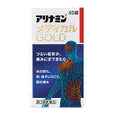 名　称アリナミンメディカルゴールド内容量45錠特　徴○吸収にすぐれたフルスルチアミン（ビタミンB1誘導体）に加え、末梢神経修復に関与するメコバラミン（活性型ビタミンB12）、神経の機能維持に関与するピリドキサールリン酸エステル水和物（活性型ビタミンB6）を配合し、「目の奥の疲れ」「肩・首すじのこり」「重い腰の痛み」などのつらい症状にすぐれた効果をあらわします。○体のすみずみの血液循環に関与するコハク酸d-α-トコフェロール（天然型ビタミンE）を配合し、さらに葉酸、ガンマーオリザノールを配合しています。○黄色の糖衣錠でのみやすく、1回1錠、1日3回で効果があります。使用上の注意■相談すること1．次の人は服用前に医師、薬剤師または登録販売者に相談すること　（1）医師の治療を受けている人。　（2）薬などによりアレルギー症状を起こしたことがある人。2．服用後、次の症状があらわれた場合は副作用の可能性があるので、直ちに服用を中止し、この文書を持って医師、薬剤師または登録販売者に相談すること［関係部位：症状］皮膚：発疹・発赤、かゆみ消化器：吐き気・嘔吐、口内炎、食欲不振、腹部膨満感、胃部不快感、腹痛3．服用後、次の症状があらわれることがあるので、このような症状の持続または増強が見られた場合には、服用を中止し、この文書を持って医師、薬剤師または登録販売者に相談すること　軟便、下痢、便秘4．1ヵ月位服用しても症状がよくならない場合は服用を中止し、この文書を持って医師、薬剤師または登録販売者に相談すること5．服用後、生理が予定より早くきたり、経血量がやや多くなったりすることがある。出血が長く続く場合は、この文書を持って医師、薬剤師または登録販売者に相談すること効能・効果次の諸症状の緩和眼精疲労、筋肉痛・関節痛（肩・首すじのこり、腰痛、五十肩など）、神経痛、手足のしびれ「ただし、これらの症状について、1ヵ月ほど使用しても改善がみられない場合は、医師または薬剤師に相談すること。」用法・用量次の量を、食後すぐに水またはお湯で、かまずに服用すること。［年齢：1回量：1日服用回数］15歳以上：1錠：3回15歳未満：服用しないこと用法関連注意用法・用量を厳守すること。成分・分量3錠中成分・・・分量・・・内訳フルスルチアミン・・・100mg・・・（フルスルチアミン塩酸塩109.16mg）ピリドキサールリン酸エステル水和物・・・60mg・・・メコバラミン・・・1500μg・・・コハク酸d-α-トコフェロール・・・100mg・・・ガンマ-オリザノール・・・10mg・・・葉酸・・・1mg・・・添加物ケイ酸カルシウム、トウモロコシデンプン、無水ケイ酸、ヒドロキシプロピルセルロース、ステアリン酸マグネシウム、セルロース、ヒプロメロース(ヒドロキシプロピルメチルセルロース)、エリスリトール、リボフラビン、酸化チタン、アラビアゴム、炭酸カルシウム、タルク、白糖保管及び取扱い上の注意（1）直射日光の当たらない湿気の少ない涼しい所に密栓し、箱に入れて保管すること。（2）小児の手の届かない所に保管すること。（3）他の容器に入れ替えないこと（誤用の原因になったり品質が変わる）。（4）ビンの中の詰め物は、フタをあけた後はすてること（詰め物を再びビンに入れると湿気を含み品質が変わるもとになる。詰め物は、輸送中に錠剤が破損するのを防止するためのものである）。（5）服用のつどビンのフタをしっかりしめること（吸湿し品質が変わる）。（6）使用期限を過ぎた製品は服用しないこと。（7）箱とビンの「開封年月日」記入欄に、ビンを開封した日付を記入すること。（8）一度開封した後は、品質保持の点から開封日より6ヵ月以内を目安になるべくすみやかに服用すること。消費者相談窓口会社名：アリナミン製薬株式会社問い合わせ先：「お客様相談室」電話：フリーダイヤル　0120-567-087受付時間：9：00〜17：00（土、日、祝日を除く）製造国（原産国）日本製剤形・タイプ錠剤リスク区分第3類医薬品販売元（製造元）会社名：アリナミン製薬株式会社住所：〒541-0045　大阪市中央区道修町四丁目1番1号広告文責株式会社 杏林堂薬局電話番号：053-488-7511医薬品販売に関する記載事項（必須記載事項）はこちら※リニューアルに伴いパッケージ・内容等予告なく変更する場合がございます。予めご了承ください。 【医薬品注意事項】 内容をよく読み、ご確認の上、注文手続きをお願い致します。下記に該当する方は、お問い合わせにご入力ください。 ● 使用者は、医師の診断を受けていたり、病気の診断を受けている。 ● 使用者は、病院でもらったお薬や薬局で購入したお薬・サプリメントなどを使用している。 ● 使用者は、乳児、幼児または小児である。 ● 使用者は、現在妊娠中、もしくは授乳中である。 ● 使用者は、これまで、薬や食品でアレルギーを起こしたことがある。