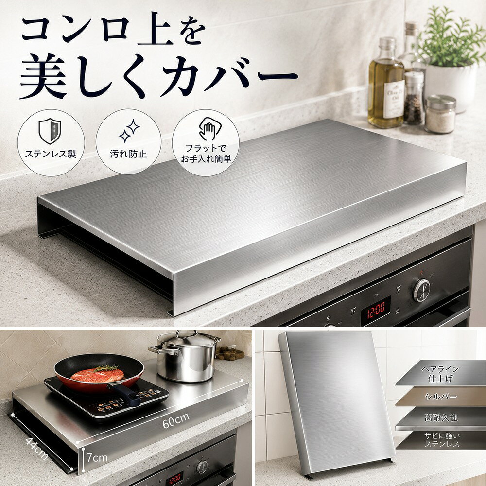 ガスコンロカバー 60cm ステンレス製 厚さ0.6mm 2口用3口用対応 IHコンロにも キッチンカバー 作 kyoseastore-10223203 KYOSEAstore サンプル画像2