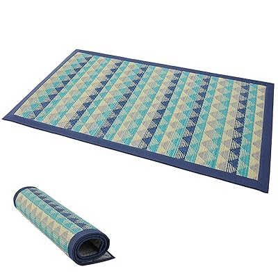い草 玄関マット ござ マット ラグ 70x120cm 厚手 ウレタン入り ふっくら 滑り止め付き 裏張り 和風 モダン おしゃれ 室内 長方形 紋織り ブルー 消臭 抗カビ