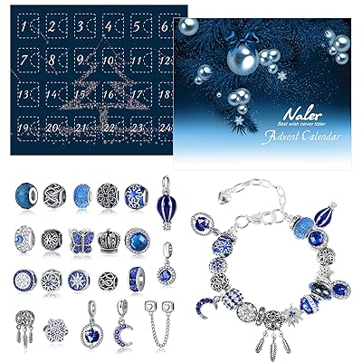 アドベントカレンダー 2025クリスマス 24日間 カウントダウン ペンダント ジュエリーセット ブレスレット ネックレス ギフトボックス ブルー 女性 ビーズ 24個のサムネイル