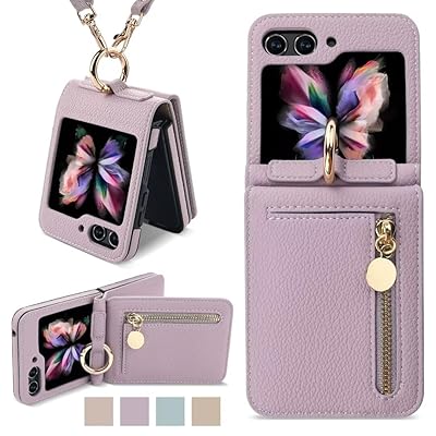 Galaxy Z Flip6用 ケース リング付き 首かけ 斜めがけ 肩掛け おしゃれ 軽量 薄型 折りたたみ式 背面カード収納 小銭入れ 可愛い ギャラクシーZ Flip 6 スマホケース 調節可能ロングストラップ 耐衝撃 落下防止（ラベンダーグレ