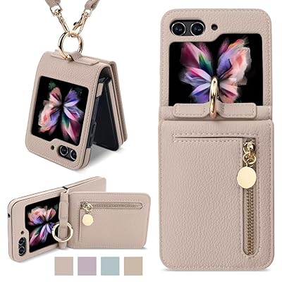 Galaxy Z Flip6用 ケース リング付き 首かけ 斜めがけ 肩掛け おしゃれ 軽量 薄型 折りたたみ式 背面カード収納 小銭入れ 可愛い ギャラクシーZ Flip 6 スマホケース 調節可能ロングストラップ 耐衝撃 落下防止（コーラルピンク