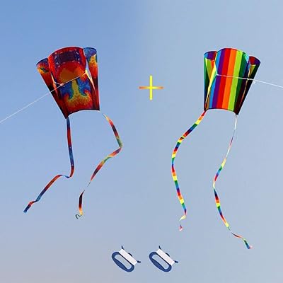 凧 レインボーカイト 組み立て簡単 ハンドル 30M凧糸 アウトドア 微風で揚がる凧 収納袋付き (レインボー+カラフル柄セット)