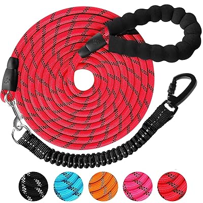 犬 リード ロングリード 犬用リード 20m - 長い丸ロープ 小型犬 中型犬 大型犬 反射 軽量 丈夫 持ちやすい スポンジハンドル 伸縮リード付き 犬用散歩ひも 訓練用リード 負担減軽 衝撃吸収 レッド