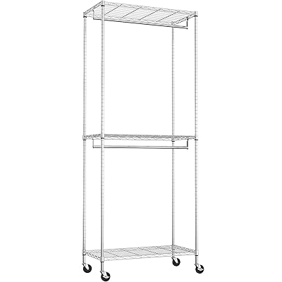ハンガーラック キャスター付き 3段 ハンガーパイプ2本 洋服ラックポール 収納 棚 服掛け 防錆 頑丈 幅75×奥行40×高さ189.3cm ポール径19.1...