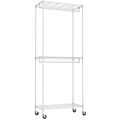 ハンガーラック キャスター付き 3段 ハンガーパイプ2本 洋服ラックポール 収納 棚 服掛け 防錆 頑丈 幅75×奥行40×高さ189.3cm ポール径19.1mm パイプハンガー コート掛け おしゃれ アジャスター付属 侧面2個コート掛けフック付き