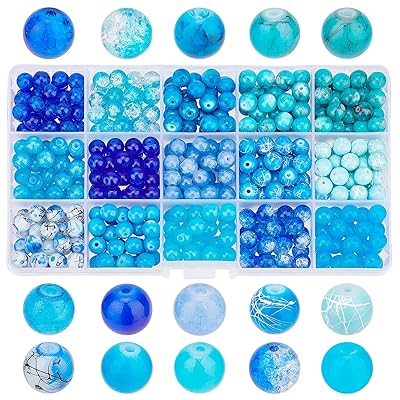 15種 青いガラスビーズ 450個 8 mm ブルー オーシャン風 丸ビーズ DIY 糸通し 手芸 アクセサリー