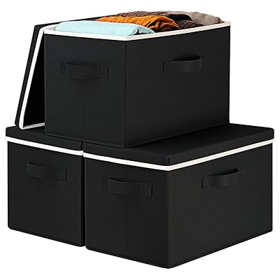収納ボックス 蓋付き 幅38×奥行25×高さ25cm 折り畳み 取っ手付き 収納ケース 布製 カラーボックス ケース 押入れ収納 雑誌収納ケース 整理かご (ブラック, 3個セット)