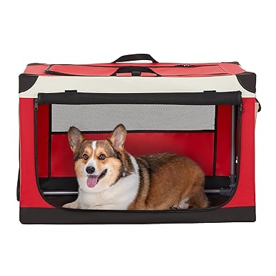 ソフトクレート ペットケージ 犬用クレート 中型ペット 折り畳み ペットハウス 猫犬兼用 組み立て簡単 カバーが取り外し可能 ハンドル付き ポケット付き 持ち運び 3つの出し入れ口 通気 しっかり アウトドア 急に来客時 病院 キャンプ M レッド