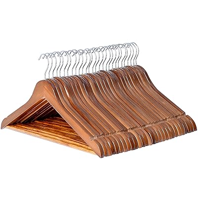 木製ハンガー 高級スーツハンガー 滑り止め凹みとズボンバーが付いた衣類ハンガー 型崩れ防止 360度回転薄型洋服ハンガー スーツ・シャツ・ジャケット・コート用 ...