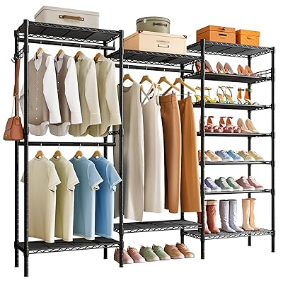 ハンガーラック クローゼット ワードローブ シューズラック 高さ調節 収納棚 靴収納 洋服掛け コートラック 衣類用 大容量オープンラック 頑丈 (ブラック)