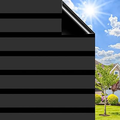 遮光シート 真っ黒 窓ガラス目隠しフィルム つや消しストライプパターン 睡眠に十分な暗さ 紫外線uvカット 光漏れ激減 日除け 飛散防止 防犯 貼付簡単 静電気接着タイプ 無接着剤 遮光フィルム 寝室、オフィスに適しています (ワイドストライプ, 6