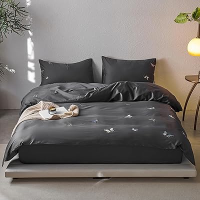 掛け布団カバー 4点セット 長繊維綿100% 高級コットンサテン ピーチスキン加工 洗いざらし加工 光沢があり肌触りの良い刺繍 高密度生地300本 通気性・吸湿...
