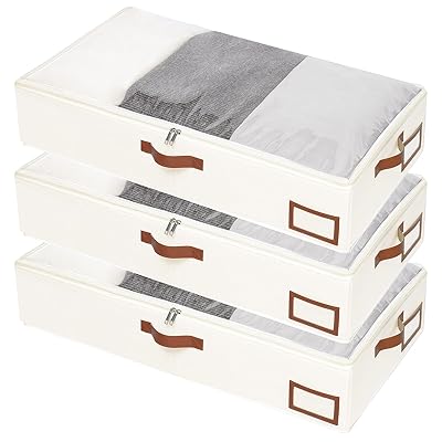ベッド下収納 ベッド下収納ケース 布団収納袋 折りたたみ式 60x30x15cm 大容量 透明窓付き 取っ手付き 防塵 衣類収納袋 衣類、布団、毛布の収納に適しています (ベージュ色 3個セット)
