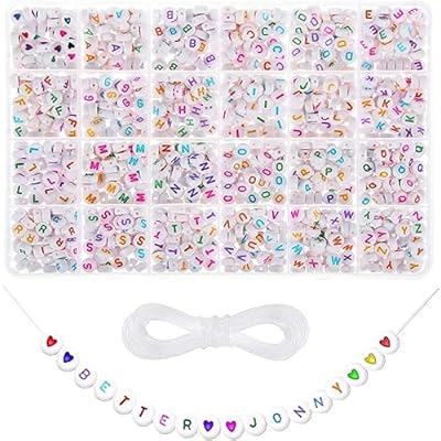 アルファベットビーズ 約 1200ピース カラフル A-Z 文字 ビーズ 7x4mm 伸縮性のある糸1ロール付き アクリル文字ビーズキット 手作りアクセサリー ...