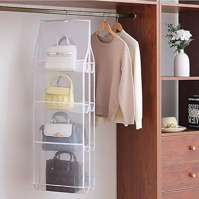 バッグ 収納 吊り下げ 8個ポケット 両面収納 水洗い 可能 クローゼット 収納 バッグ収納ラック 省スペース 取り付け簡単 クローゼット 収納 防湿 防塵 バッグ 防汚対策 整理整頓 (ホワイト, 4段式)