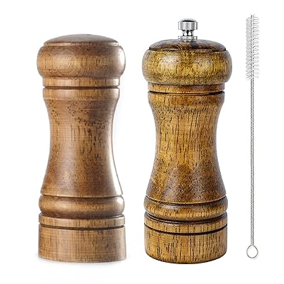ペッパーミル ソルトミル ソルトシェーカー 白本・茶褐色2個入 手動 5x14cm 清潔プラシ付き オーク材製 セラミック刃 結晶塩 岩塩 スパイス 胡椒挽き ...