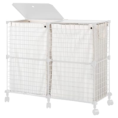 UZENN 144L メタル ランドリーバスケット 蓋付き 洗濯カゴ 仕分け 大容量 キャスター付き ランドリー ボックス ワイヤーネット 洗濯物入れ 角型 持ち手付き 収納バッグ おしゃれ（ダブル ホワイト）