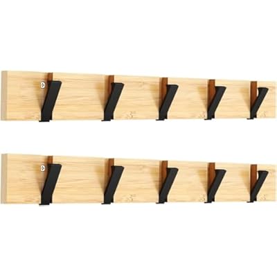 ウォールハンガー 壁取り付け式コートラック 5連フック 壁掛けフック 収納家具 物干しハンガー 帽子掛け・洋服掛け・コート掛け 木製 2個セット(黒フック折り畳...