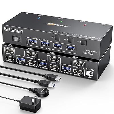 HDMI USB3.0 KVM切替器 4K@60Hz 2K@120Hz デュアルモニタ 4つのUSBポート EDID機能 KVM切替器 1組のキーボード、マウスで、PC3台、モニター2台共有 手元スイッチ付き