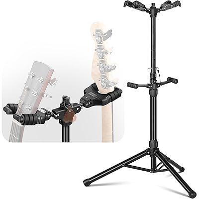 ダブルヘッド オートロック ギタースタンド 折りたたみ 三脚 立てかけタイプ 自動重力ロッ