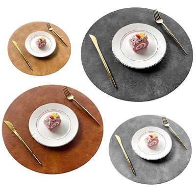 円形ランチョンマット 高質PUレザー 柔軟 直径38cm大きいサイズ シンプル 贅沢 家庭用 レストラン用 丸洗いOK 断熱 滑り止め 撥水 防汚 清潔しやすい 華やか 飾り （ 直径：38cm,ブラック/ブラウン/グレー/レッドブラウンの4枚セット